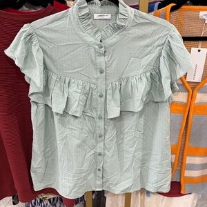 ANNIEWEAR Mint Ruffle Button-Front Blouse